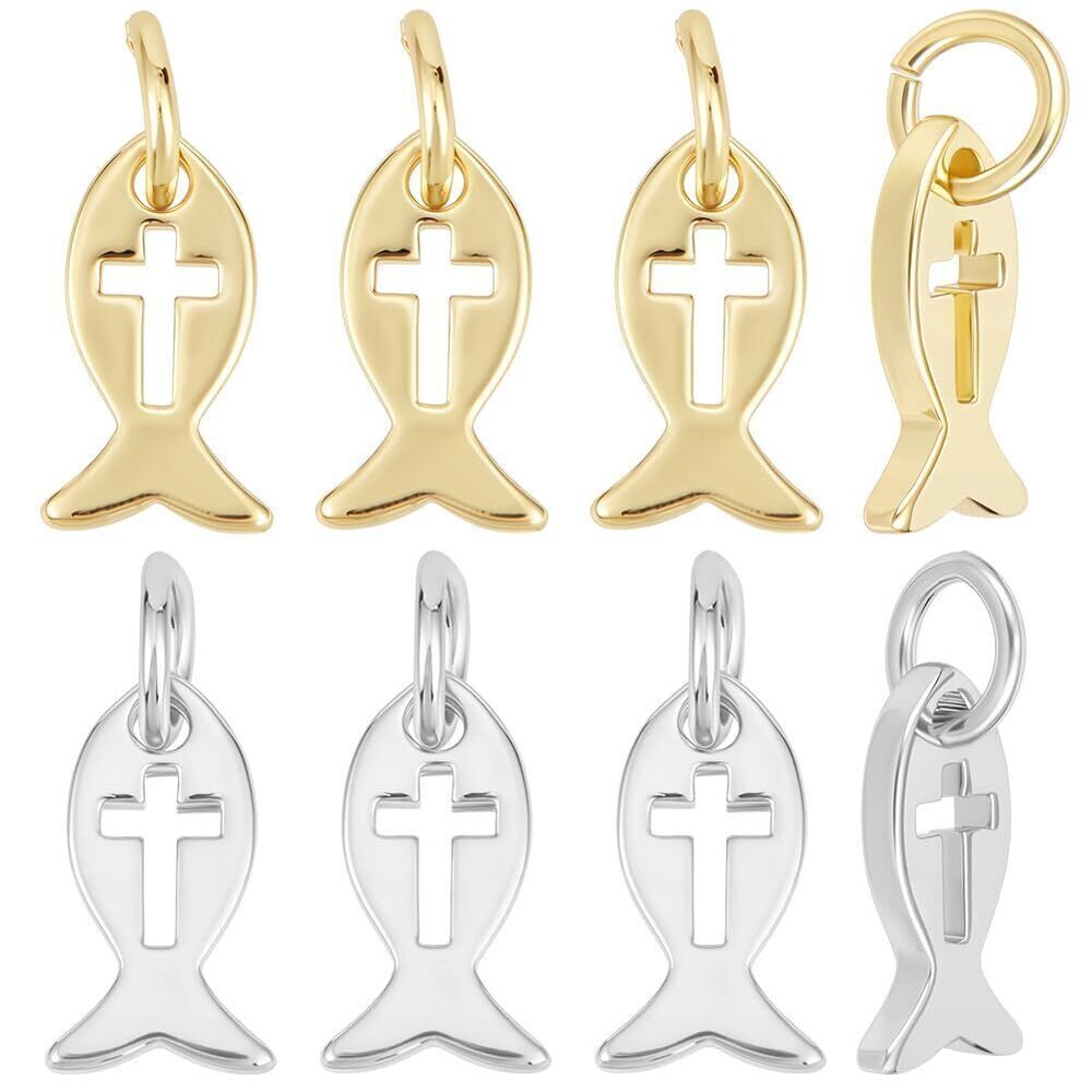 8068 10Pcs 2 Colors Fish with Cross Charms 18K Gold & Platinum Plated Brass